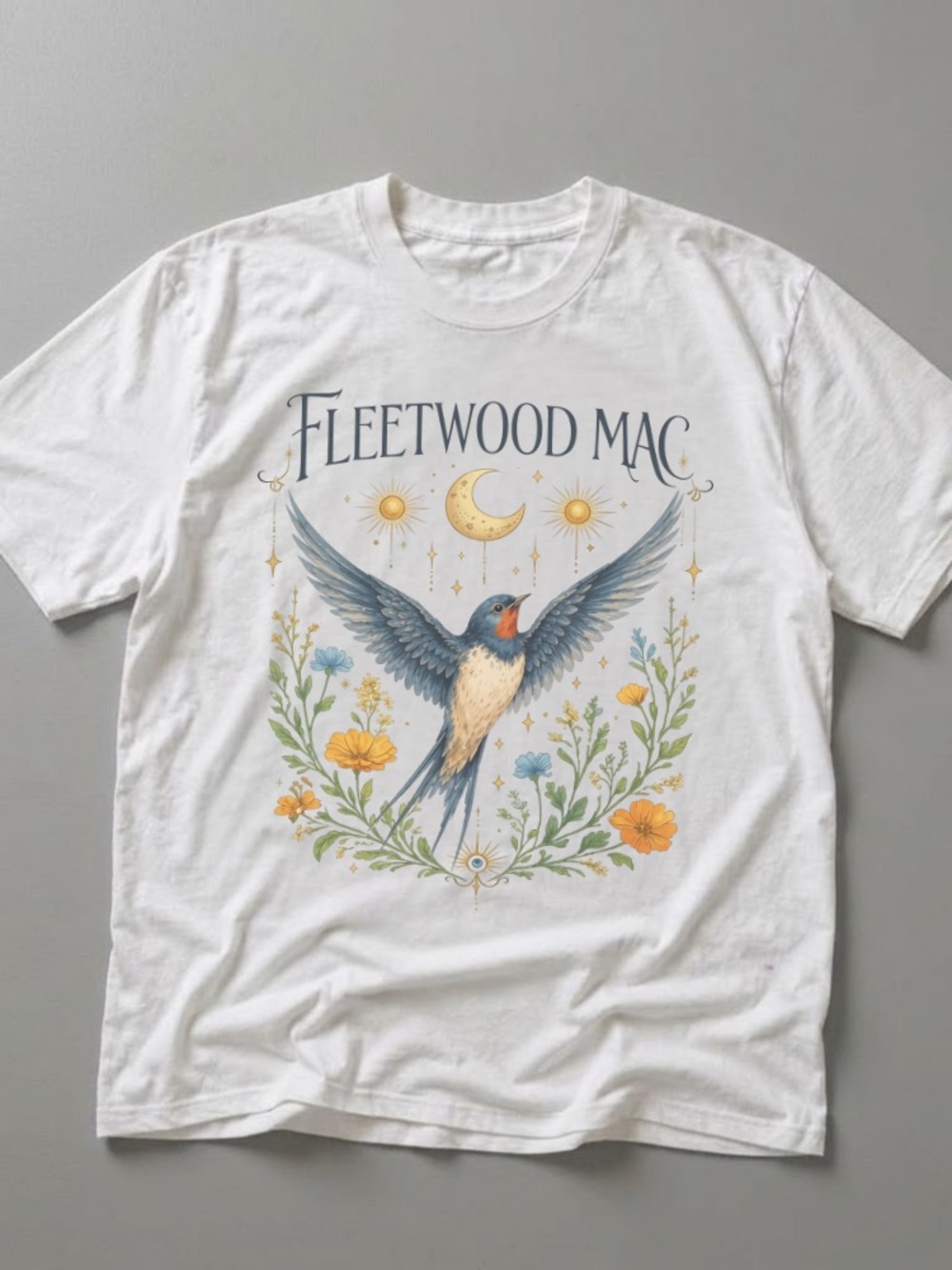 Fleetwood Mac Whimsical Moon , Bird And Floral Graphic Tee